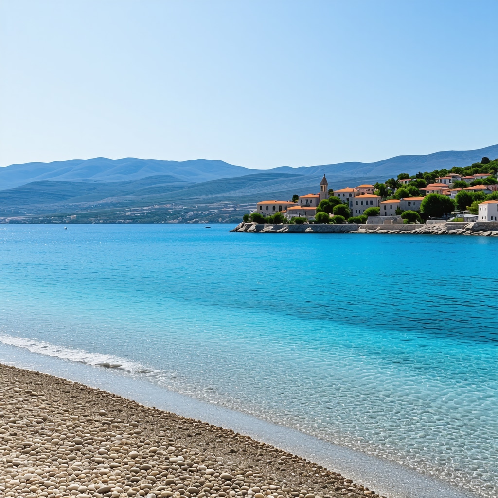 Crystal clear Adriatic sea and quiet sandy beaches in Senj Croatia with historical buildings in summer
