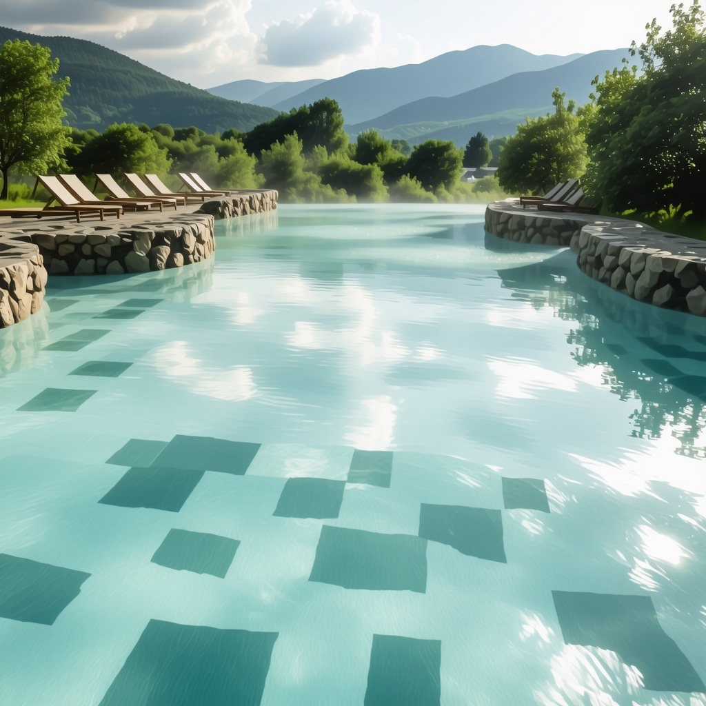 Thermal spa pools in Vrnjačka Banja with lush greenery and mountains