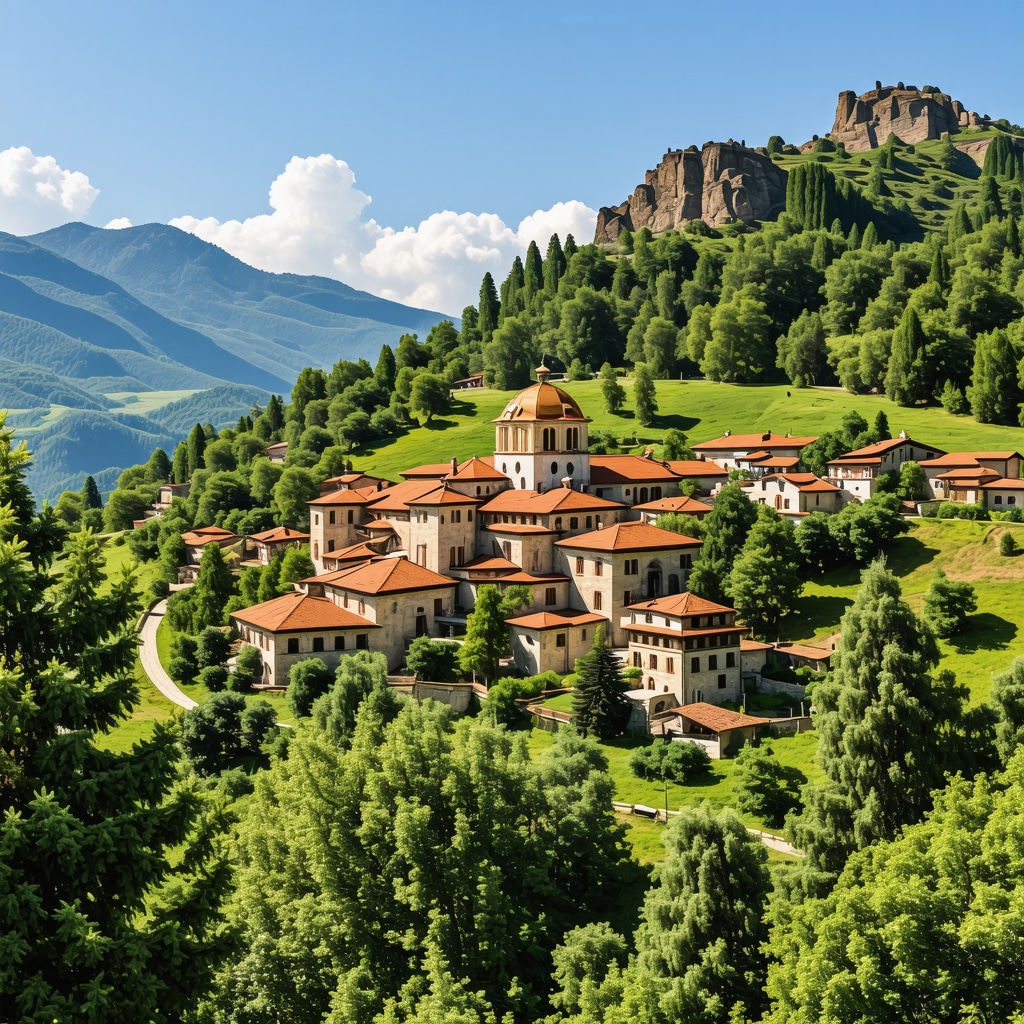 Panoramic view of Rila Monastery with frescoes and surrounding Rila Mountains