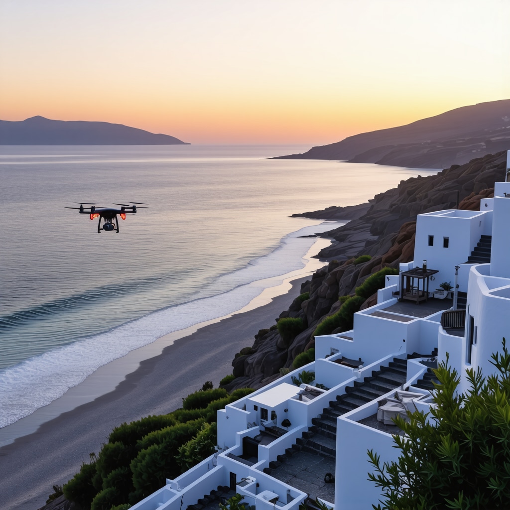 Santorini beach at sunset with visible sensors and drones representing environmental technology