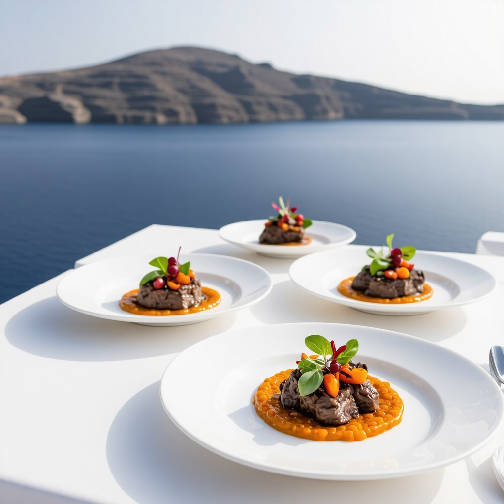 Traditional Santorini dishes presented with modern techniques in front of volcanic terrain