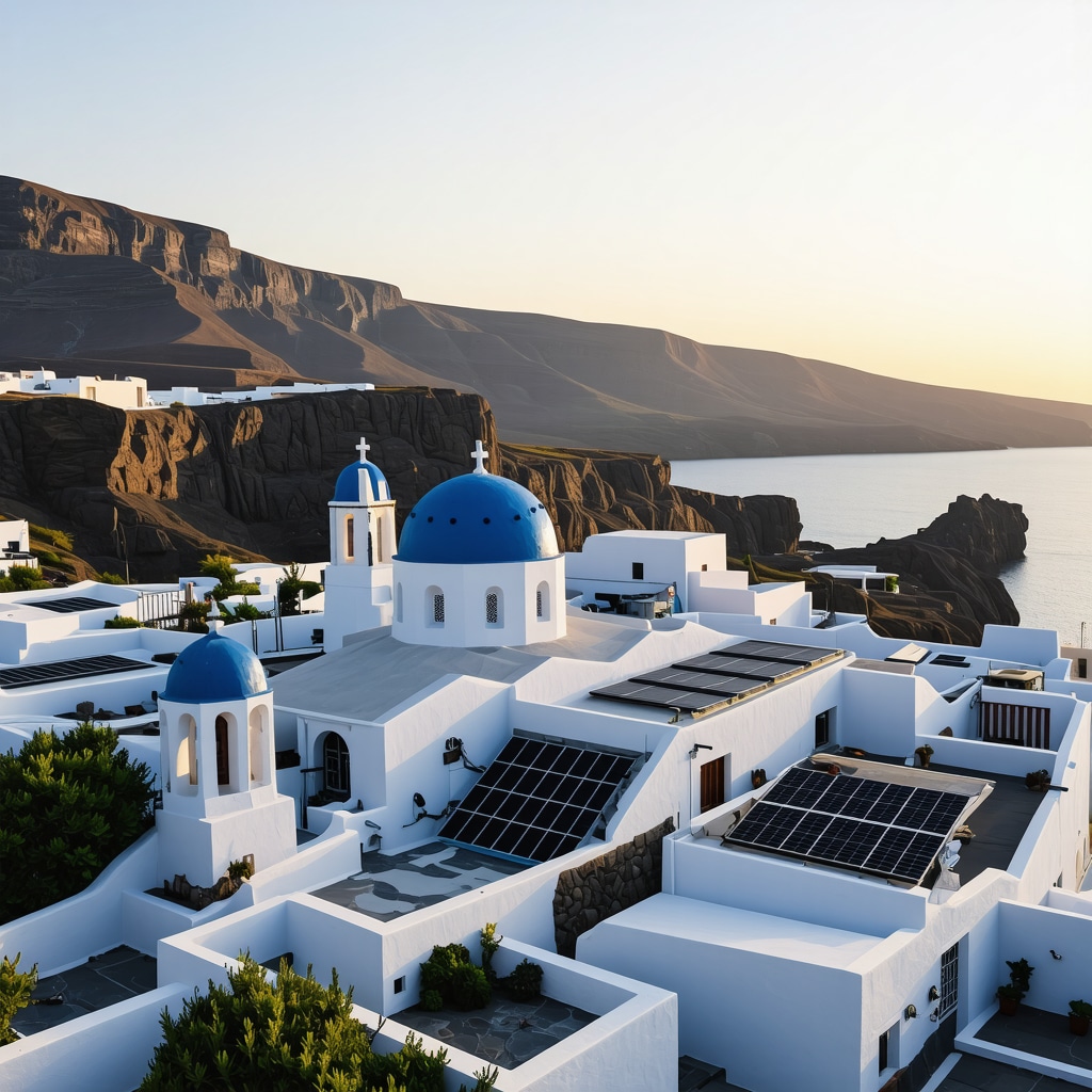 Panoramic aerial image of Santorini with blue-domed churches, volcanic cliffs, and solar panels under warm sunset light