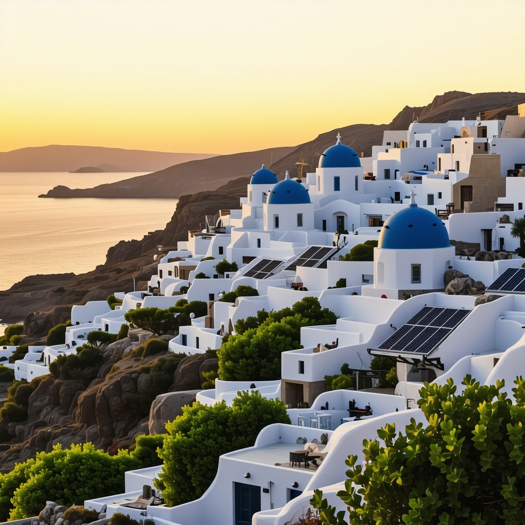 Santorini's white and blue architecture with solar panels and vineyards illustrating sustainable tourism