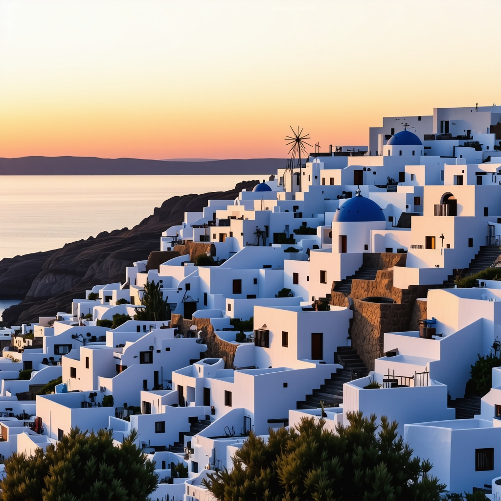 Panoramic view of Santorini traditional village with white houses and blue domes at sunset
