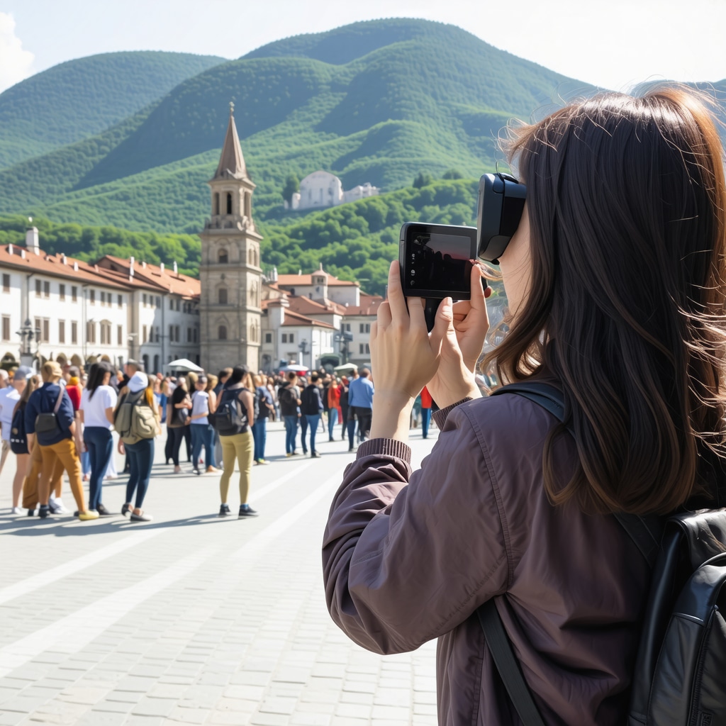 Tourists in Sarajevo exploring historical sites using augmented reality devices with natural mountainous scenery