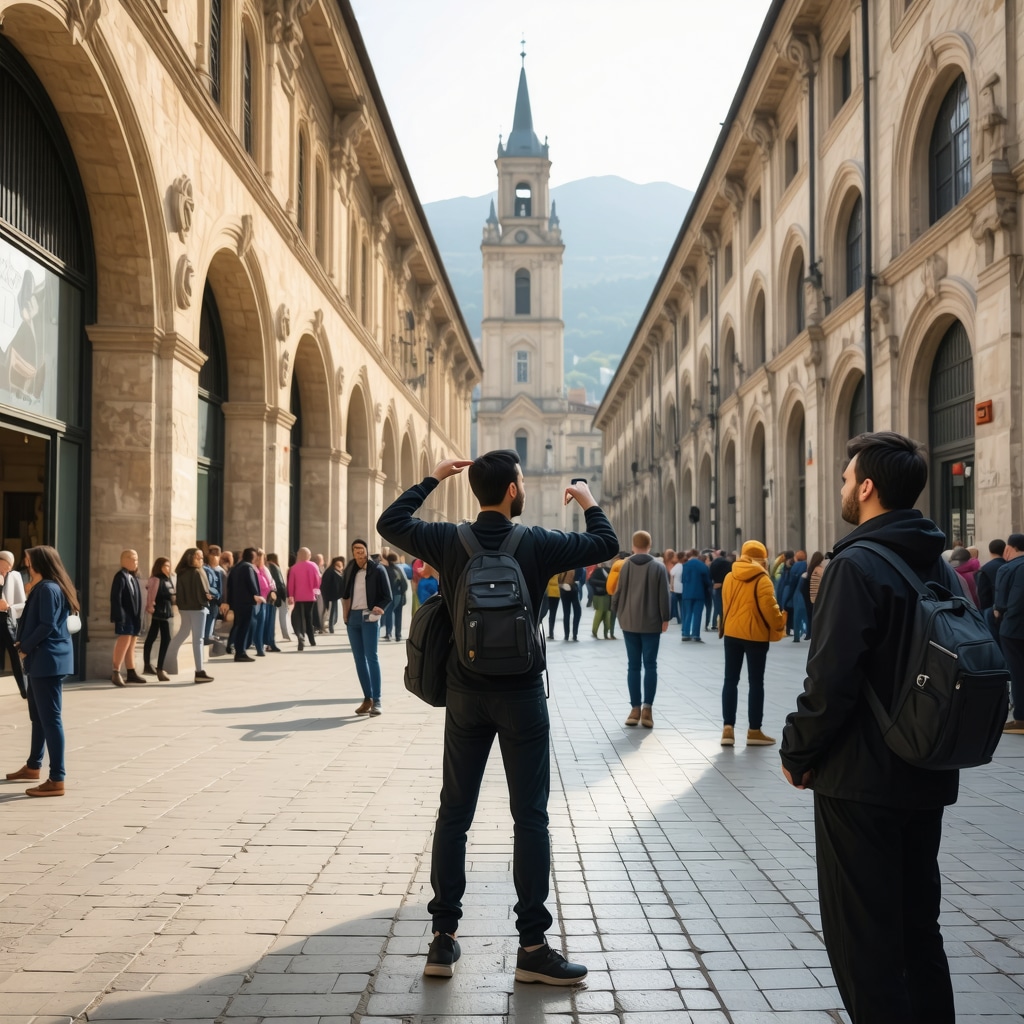 Tourists using augmented reality apps to explore historic Sarajevo architecture