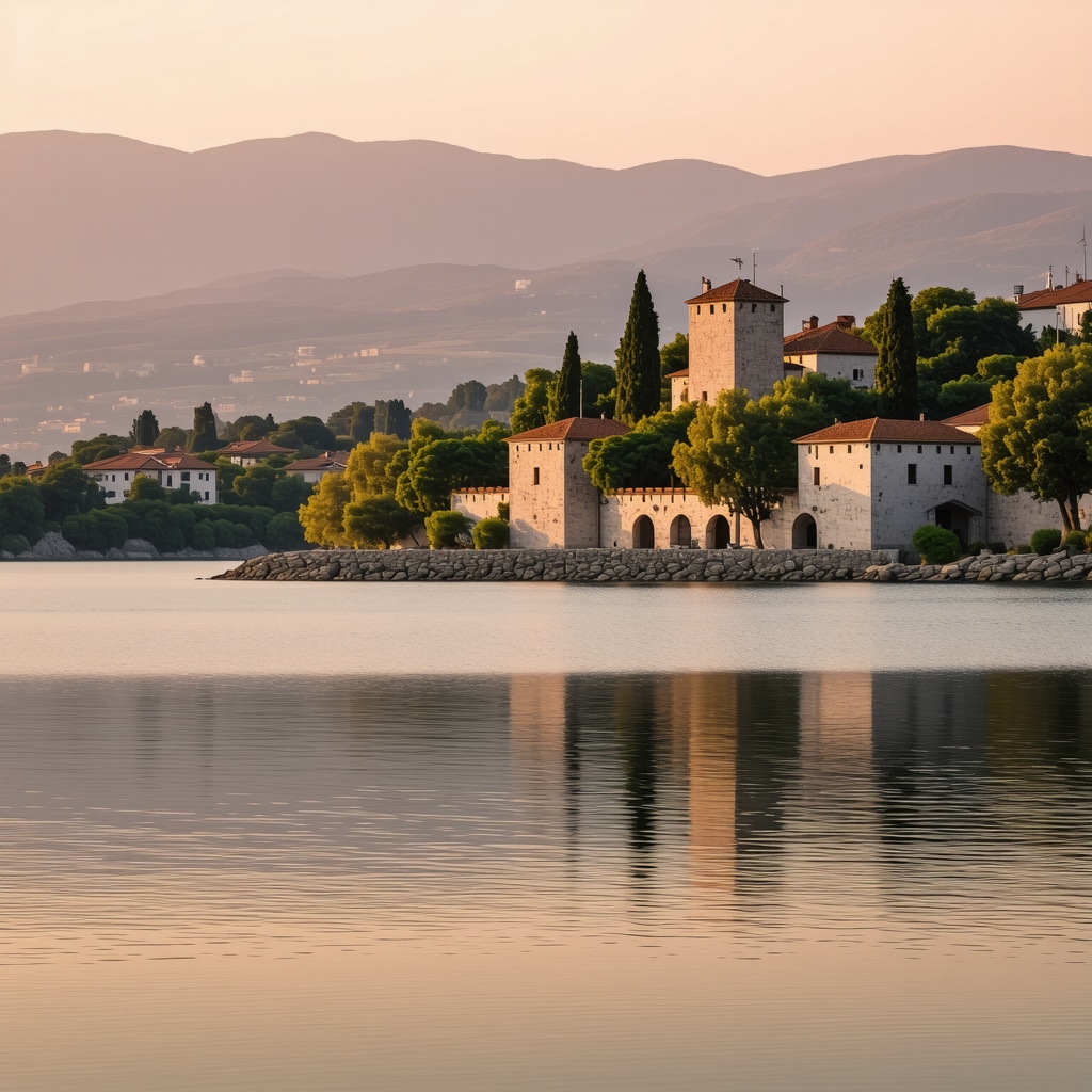 Panoramic view of Ioannina lake with the historic castle and traditional buildings during sunset