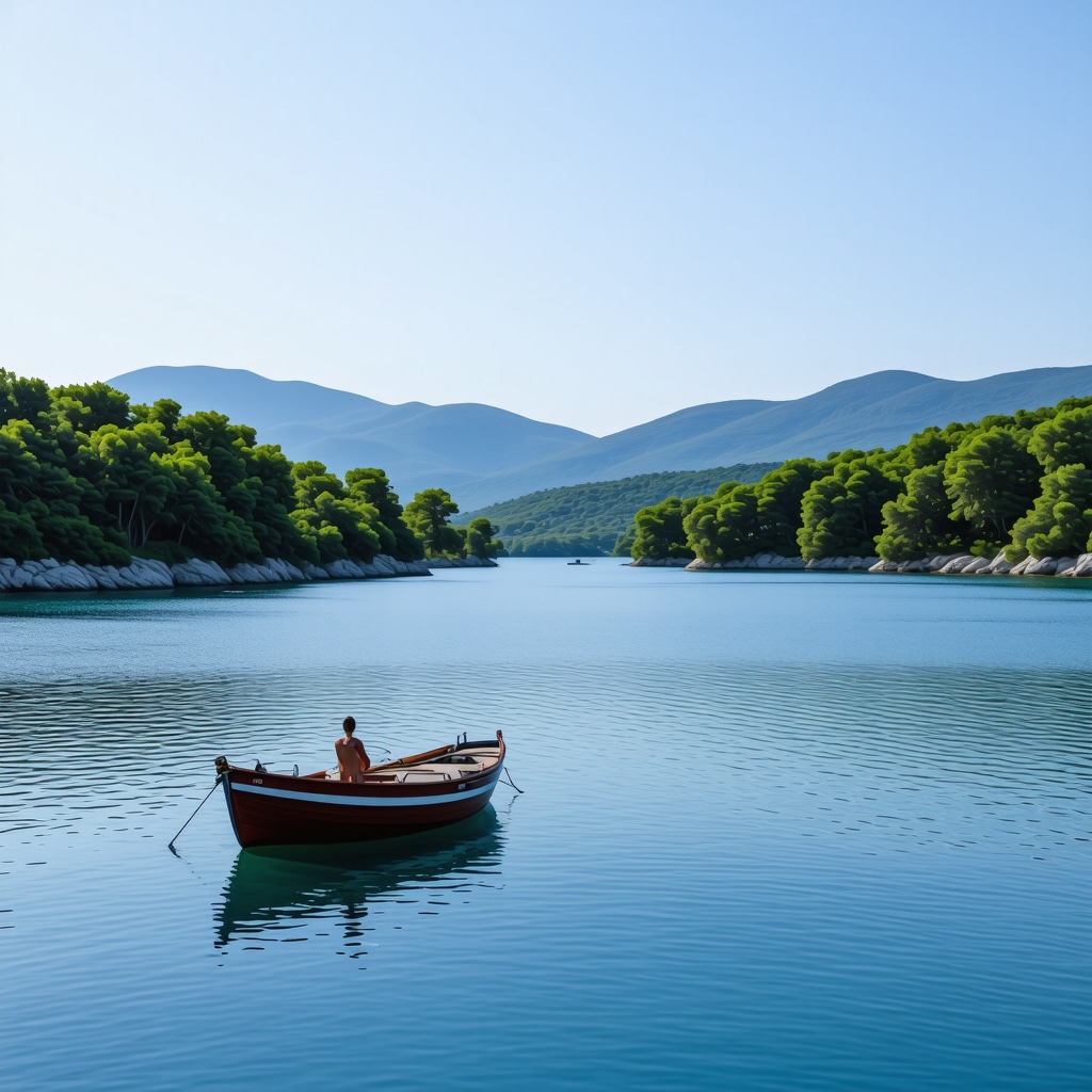 A beautiful panoramic scene of Mljet National Park featuring serene green lakes, lush forests, and a Croatian fishing boat