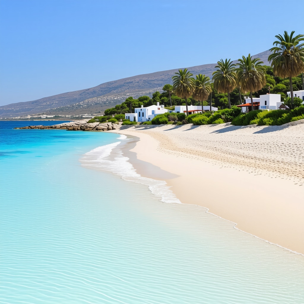 Beautiful beach in Crete featuring pink sand, turquoise water, and traditional village