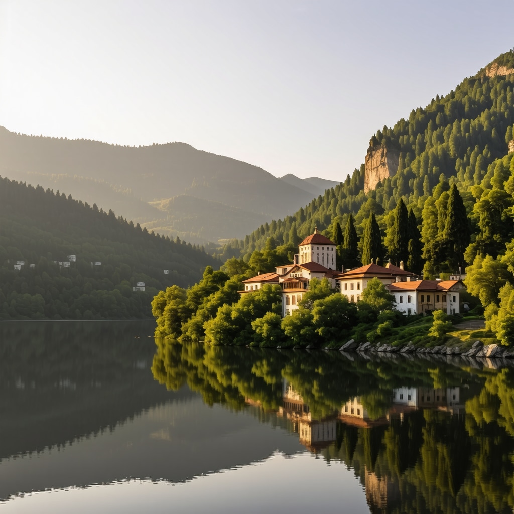 Rila Monastery surrounded by green mountains bathed in golden light