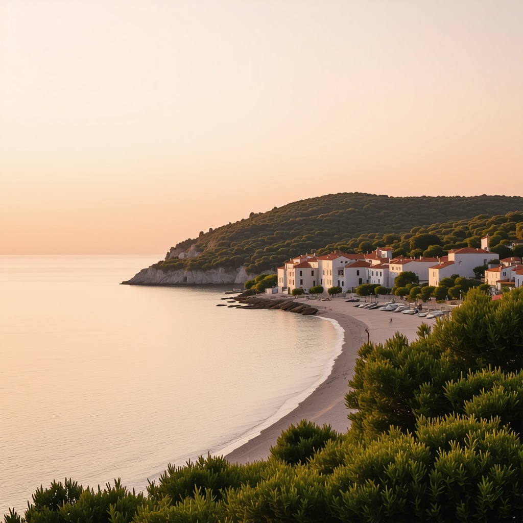 View of Senj coastal town with Adriatic sea and sunset