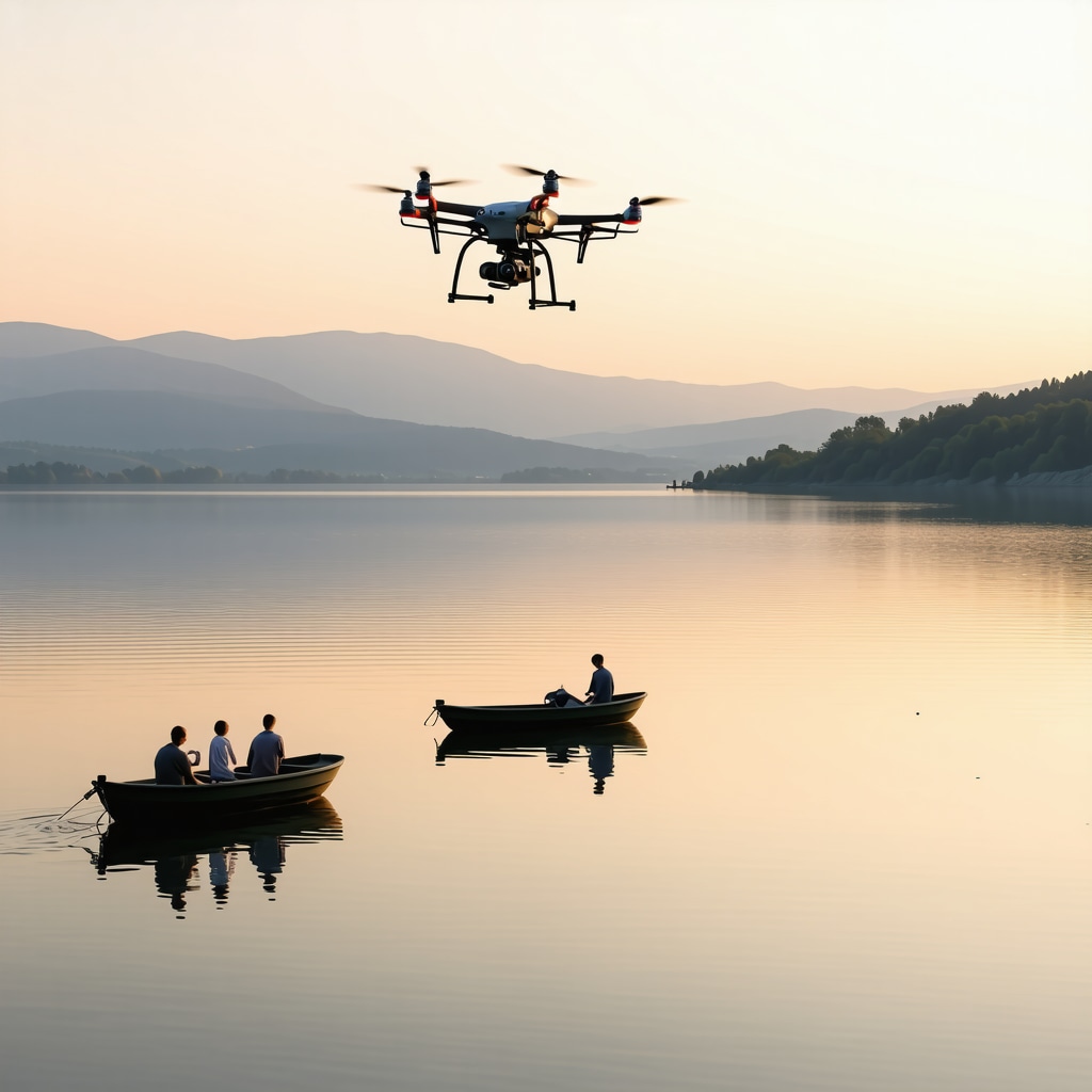 Researchers using drones and boats to monitor ecological health of Ohrid Lake with scenic sunset and mountains in background