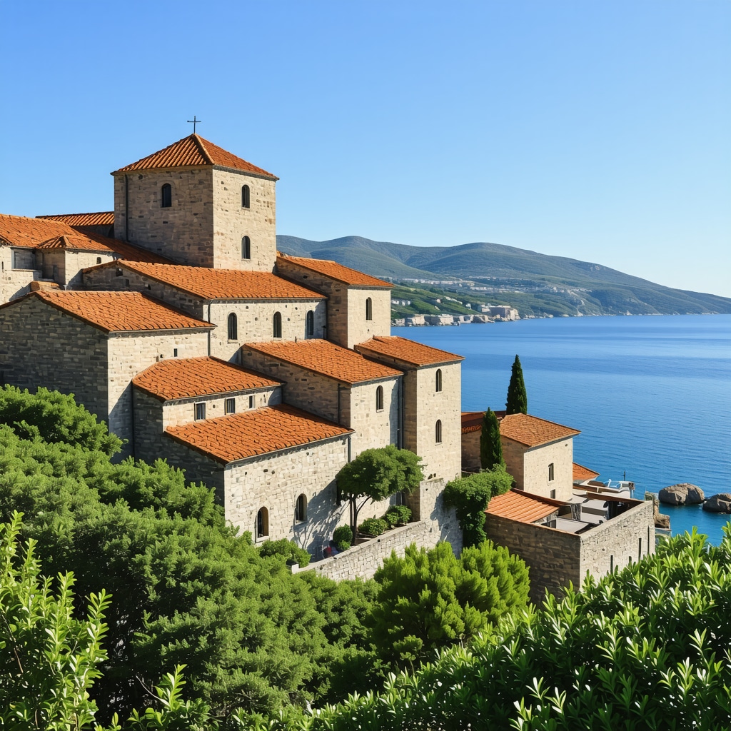 Senj coastal town with medieval buildings and modern augmented reality tourism features along the Adriatic Sea