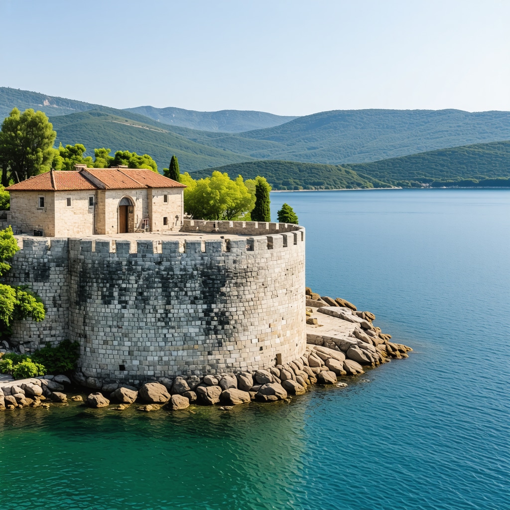 Panoramic view of Senj fortress with Adriatic Sea and green hills