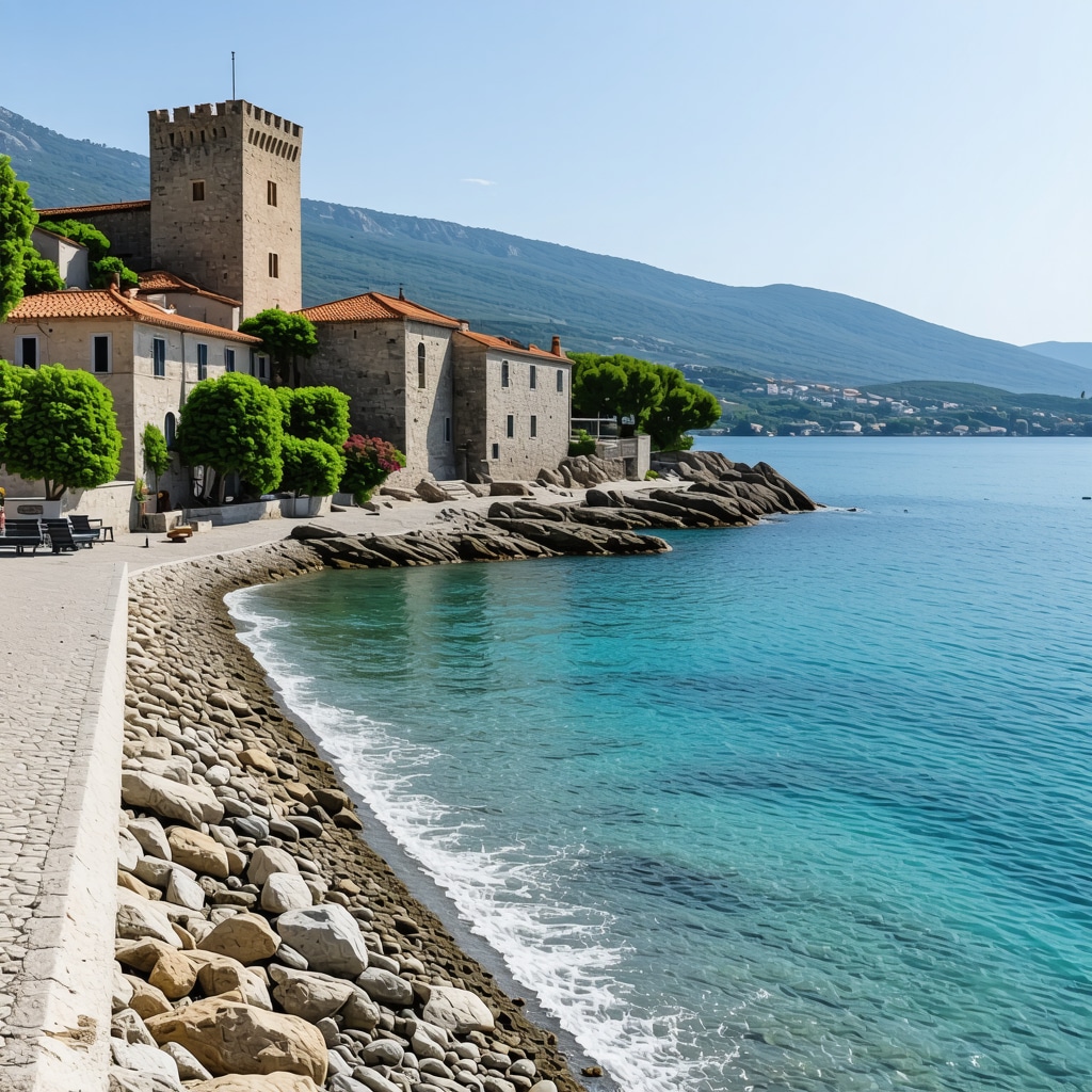 View of Senj town with its castle overlooking Adriatic Sea and tranquil beaches