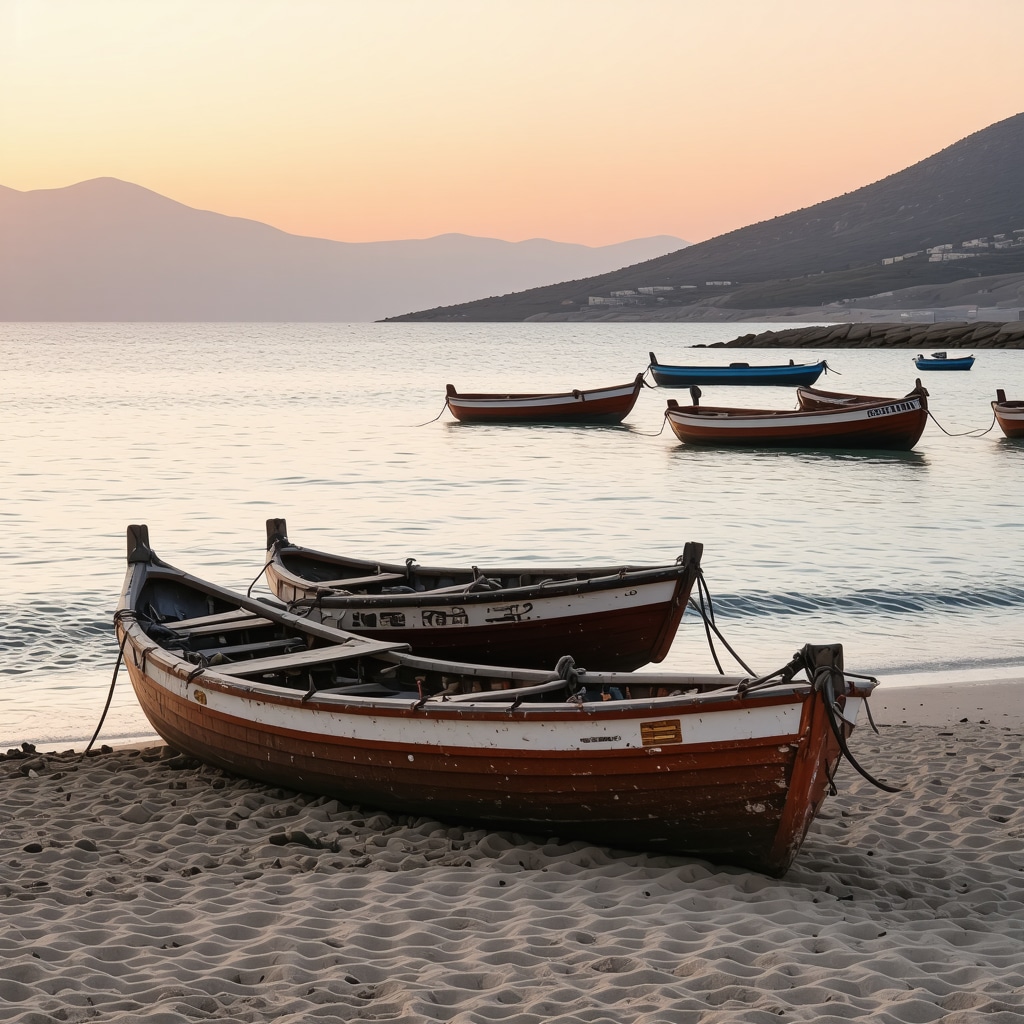 Crystal-clear water and white sand beach in Vlora with fishermen boats at sunset