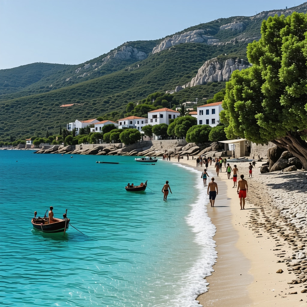 Crystal-clear waters and white sandy beaches of Vlora with locals fishing