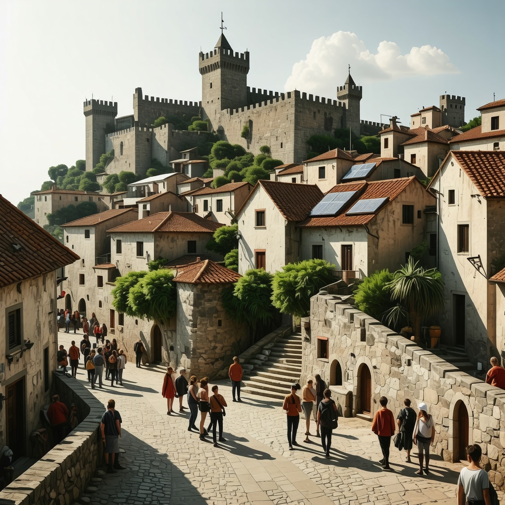 Historic cityscape of Shibenik with visible solar panels and tourists using augmented reality glasses