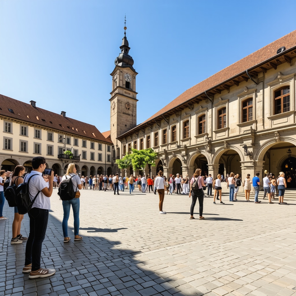 Tourists exploring Sighișoara medieval town square using augmented reality guides on smartphones with the iconic clock tower visible