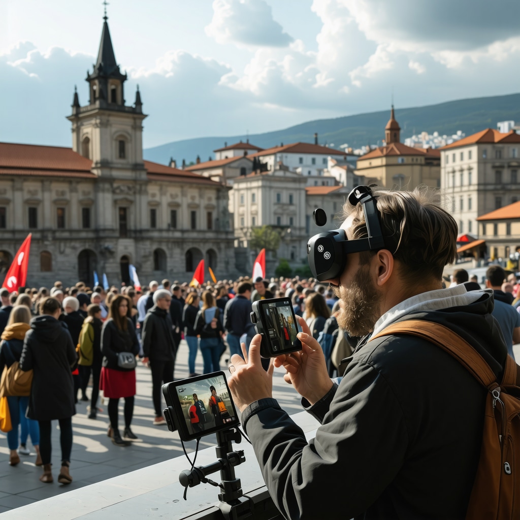 Futuristic scene of Sarajevo with digital heritage preservation technologies and cultural festival