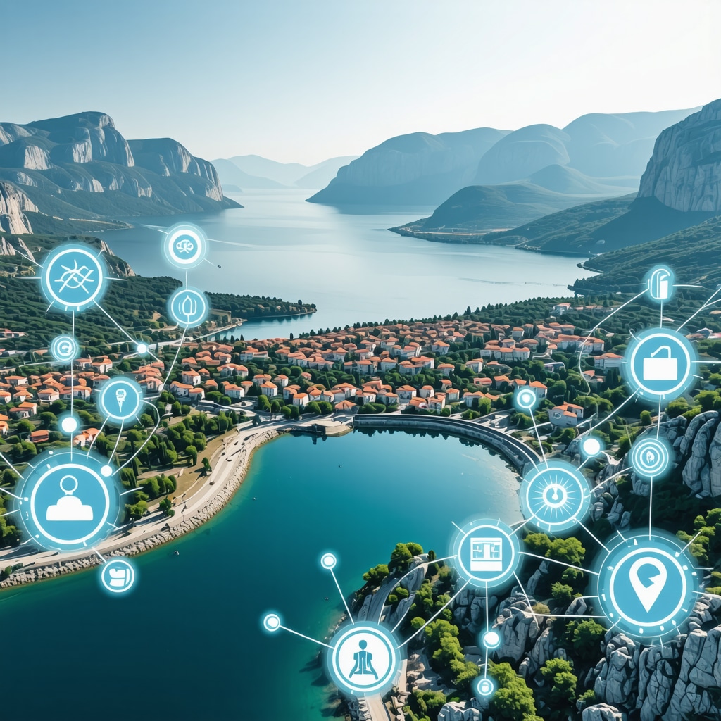 Aerial view of Omiš with technological and community engagement graphics illustrating sustainable tourism