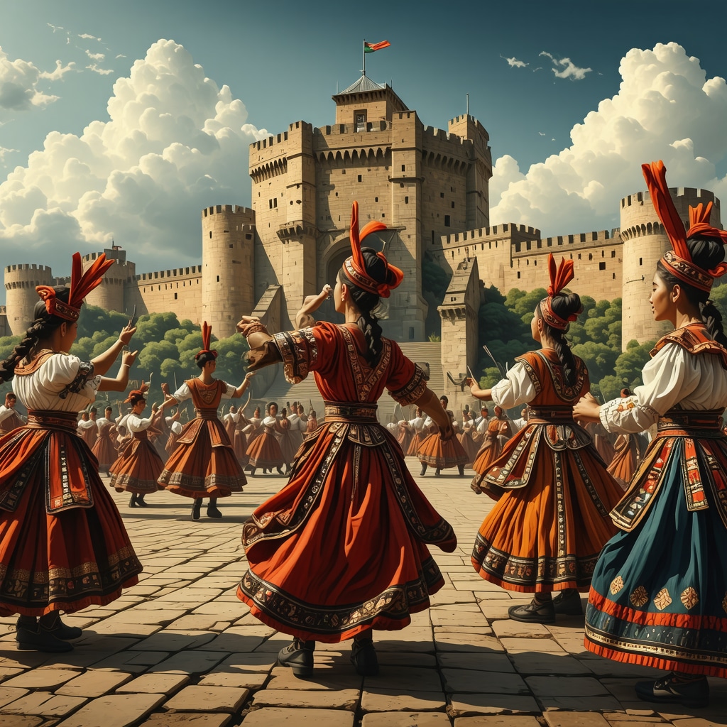 Digital art depicting Smedereva fortress integrated with augmented reality elements showcasing traditional culture