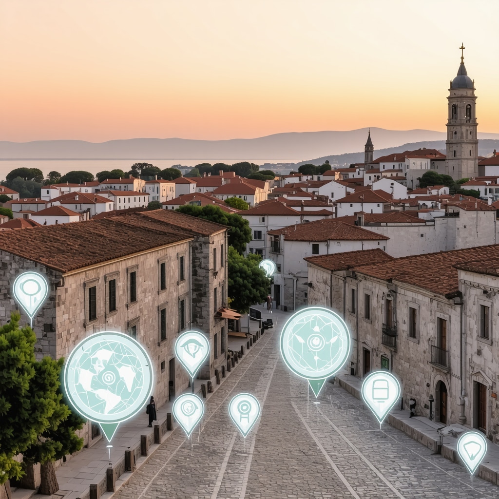Panoramic view of Split historic center with digital augmented reality elements and eco-friendly transport icons