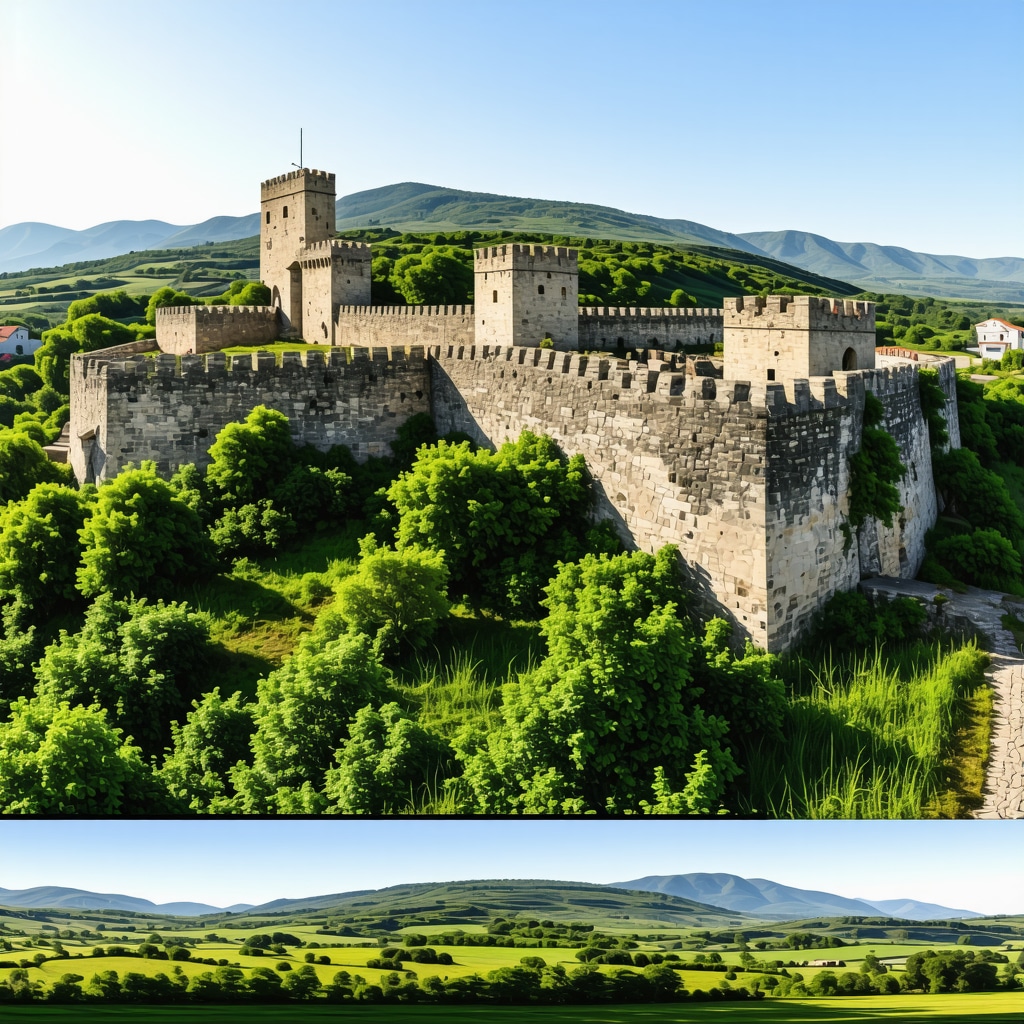 Panoramic view of Stolac medieval fortress with augmented reality digital overlays blending history and nature