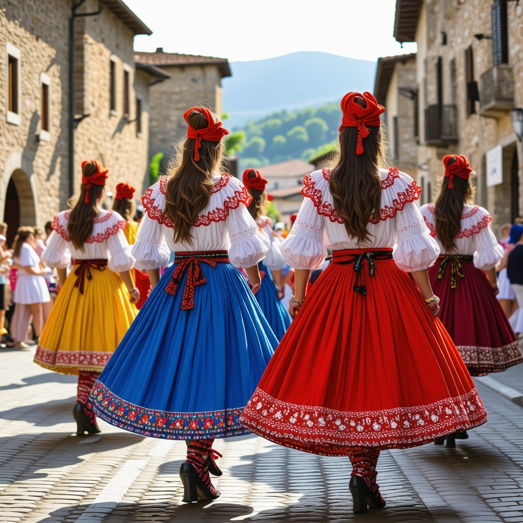 Traditional dancers performing at a summer festival in Cetinje, Montenegro, with historic stone streets in the background