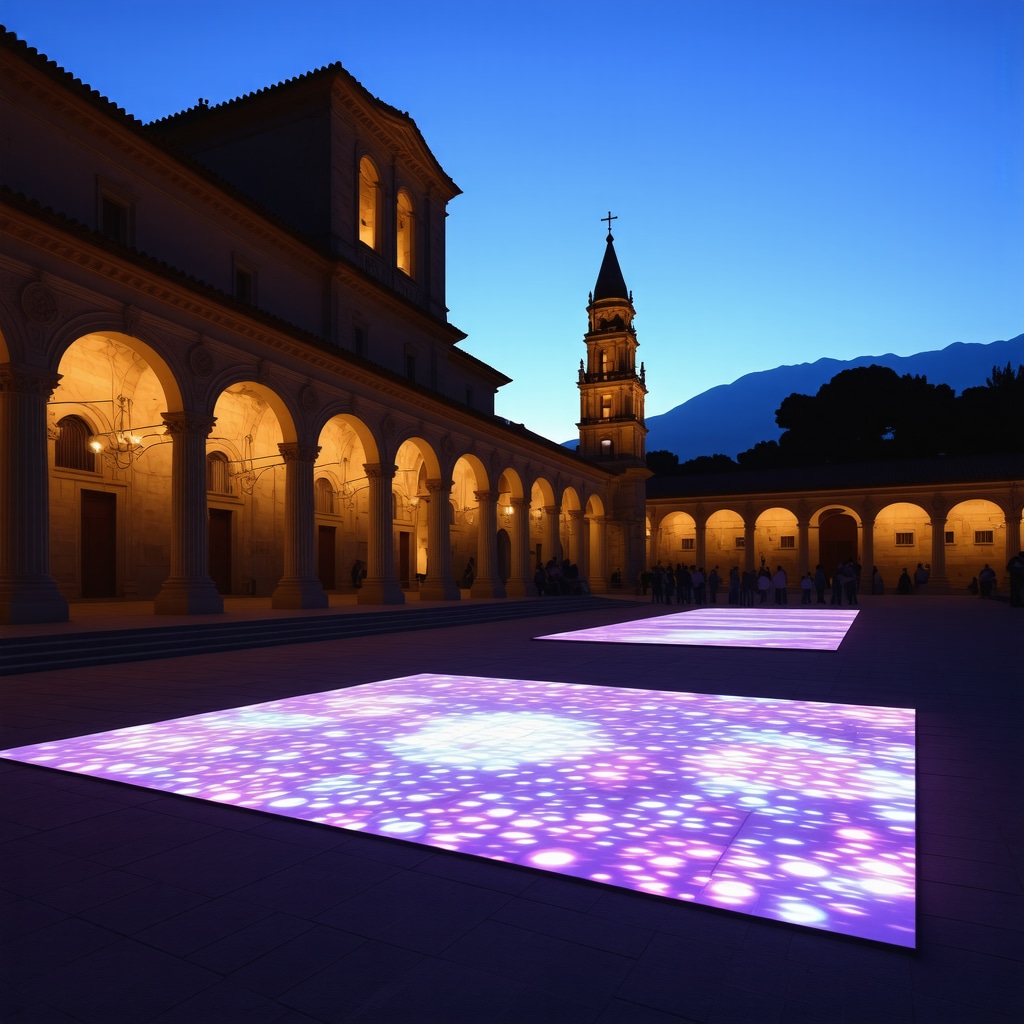 A vibrant summer festival scene in Tirana combining historical buildings, interactive digital art installations, and local cultural performances