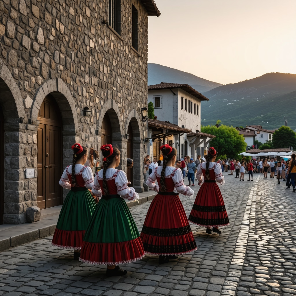 Historic stone streets of Cetinje with folk dancers and mountains at sunset