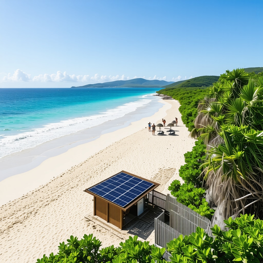 Pristine beach at Rëra e Artë with eco-friendly infrastructure and tourists practicing responsible tourism