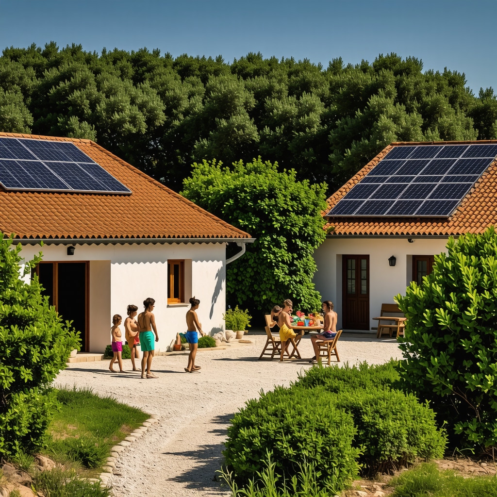 Eco-friendly tourist accommodations with solar panels in Nin, Croatia near the Adriatic coast with families enjoying nature