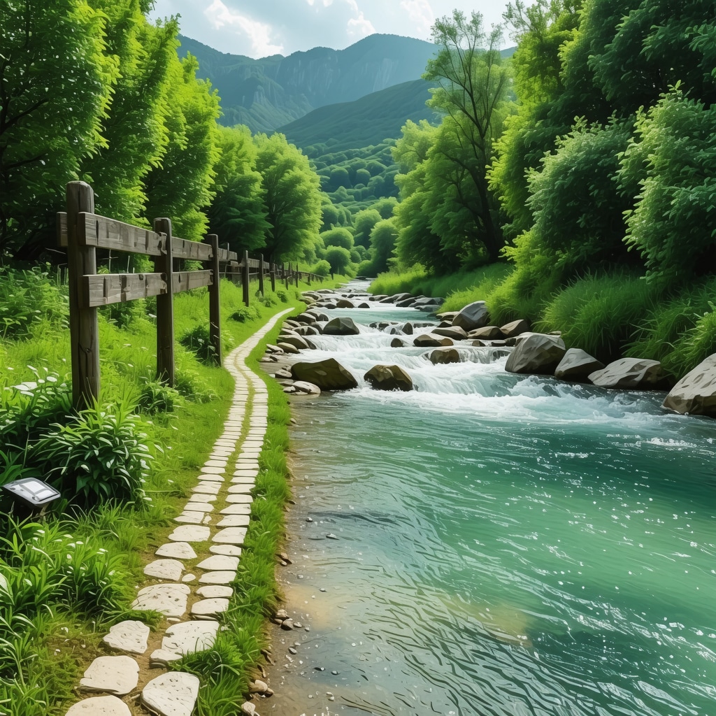 A lush green hiking trail by a crystal-clear river spring in Bosnia with solar-powered lights and traditional wooden signs