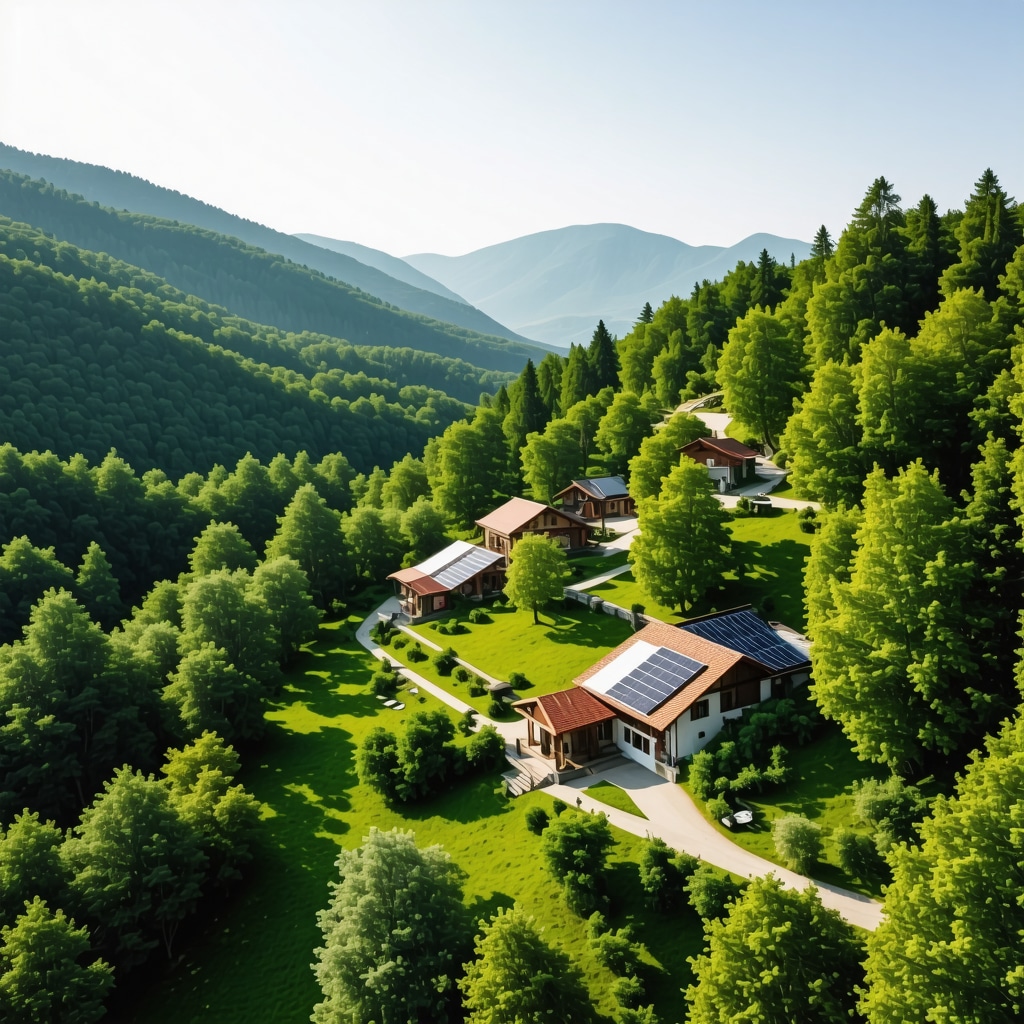 Aerial image showing eco-friendly facilities and green mountain landscapes in Lovćen National Park