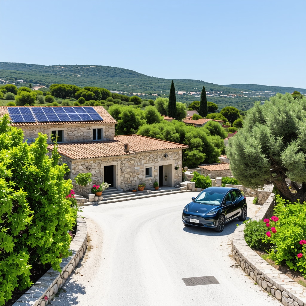 Panoramic view of Brač island featuring solar panels, electric cars, and traditional stone buildings surrounded by Mediterranean greenery