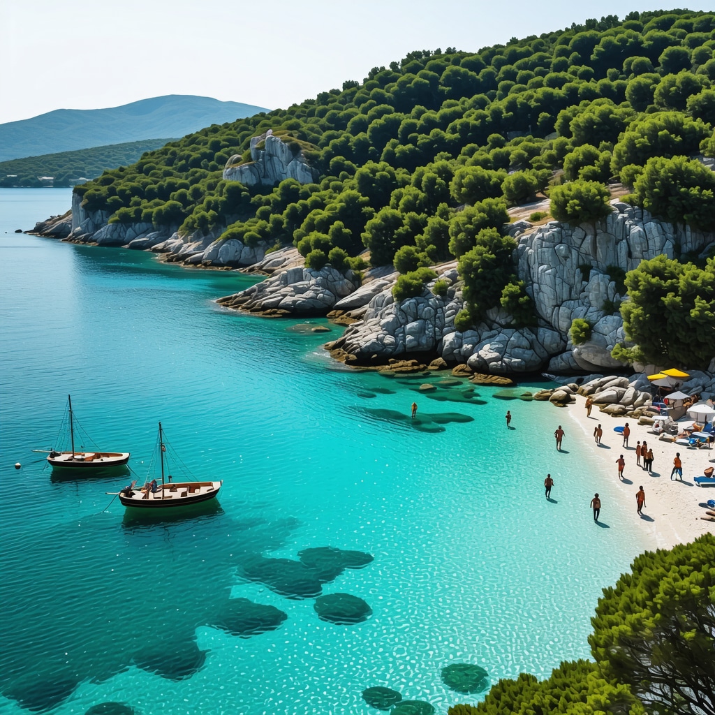 Coastal community in Ksamil showcasing sustainable tourism with fishermen, eco-friendly dining, and pristine beaches