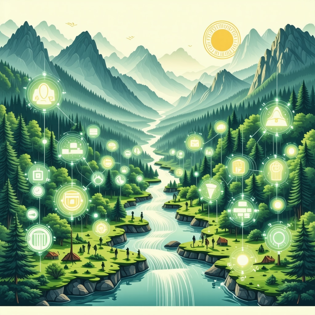 Illustration of sustainable tourism and ecological monitoring at Bosna River source with natural landscape and technology icons