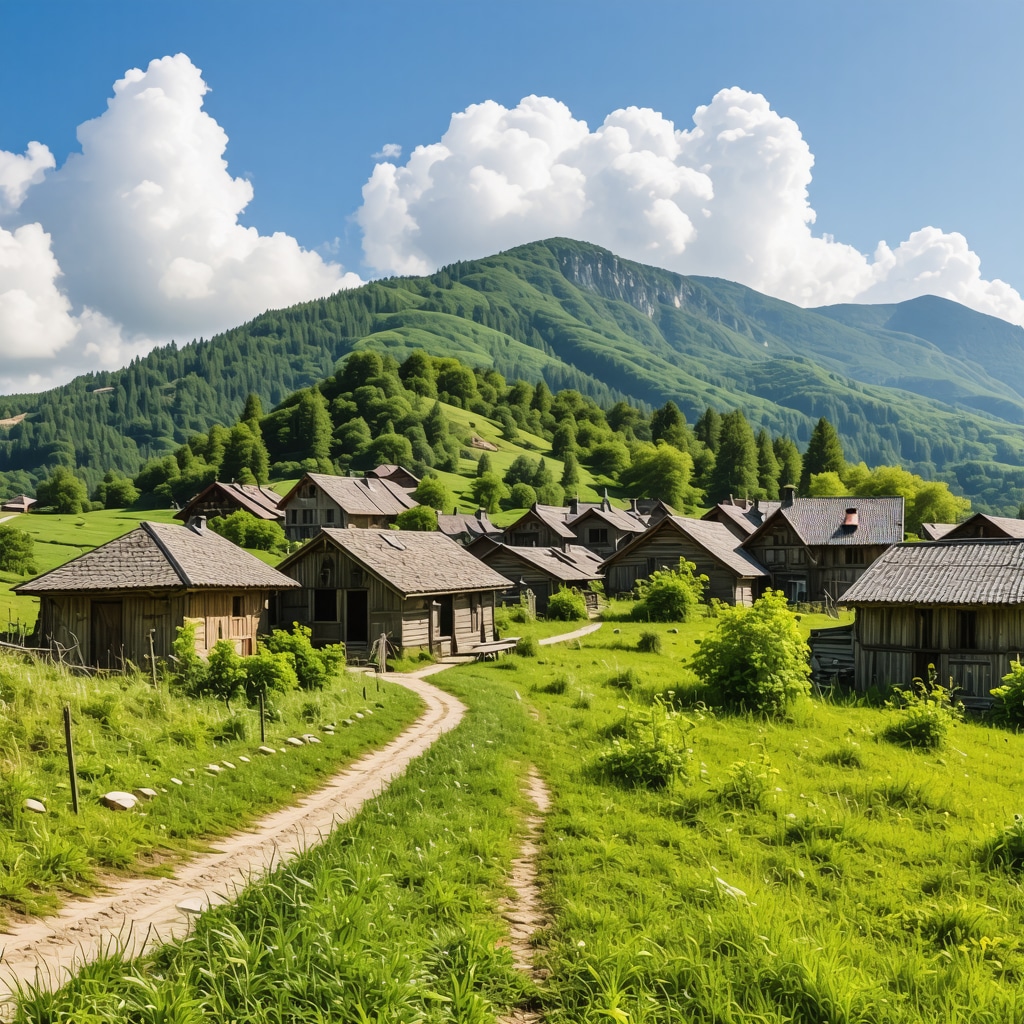 Berane panoramic landscape combining mountain villages, eco-tourism infrastructure, and cultural festivals in 2024