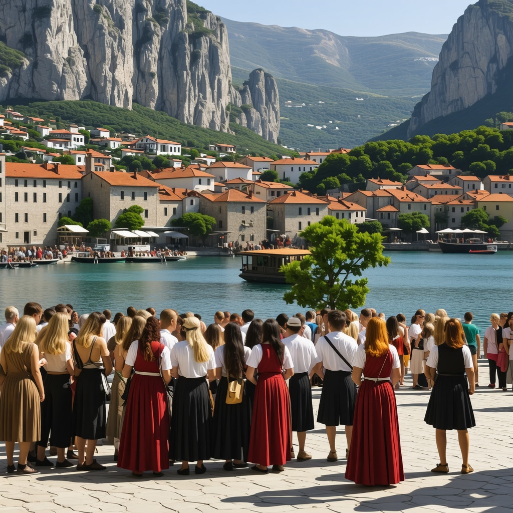 Panoramic view of Kotor Old Town with tourists participating in cultural and sustainable tourism activities