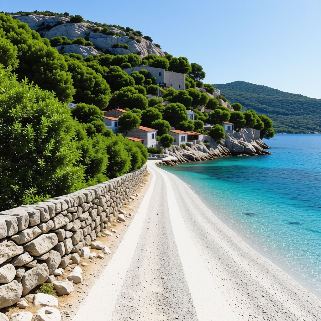 Panoramic view of Lastovo island with forests, Adriatic sea, traditional stone houses, and electric bikes illustrating eco-tourism