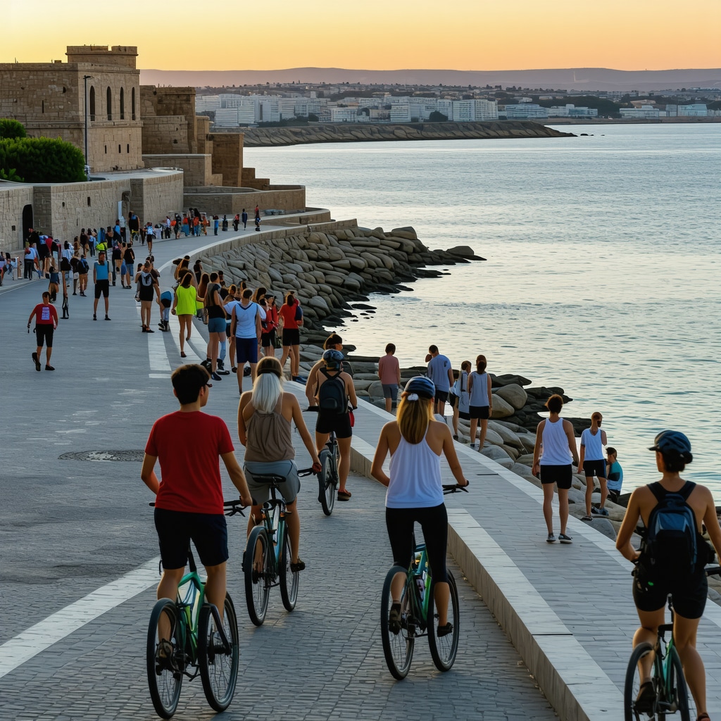 Tourists engaging in sustainable tourism activities near historic sites in Durres with digital AR guides and cultural festivals at sunset