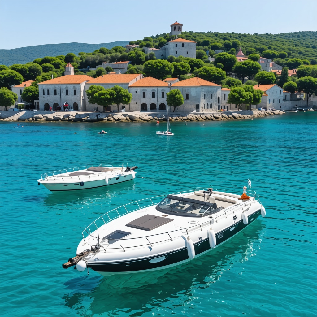 Electric boats in clear Adriatic waters with Renaissance buildings and green hills in Shibenik under a bright summer sky