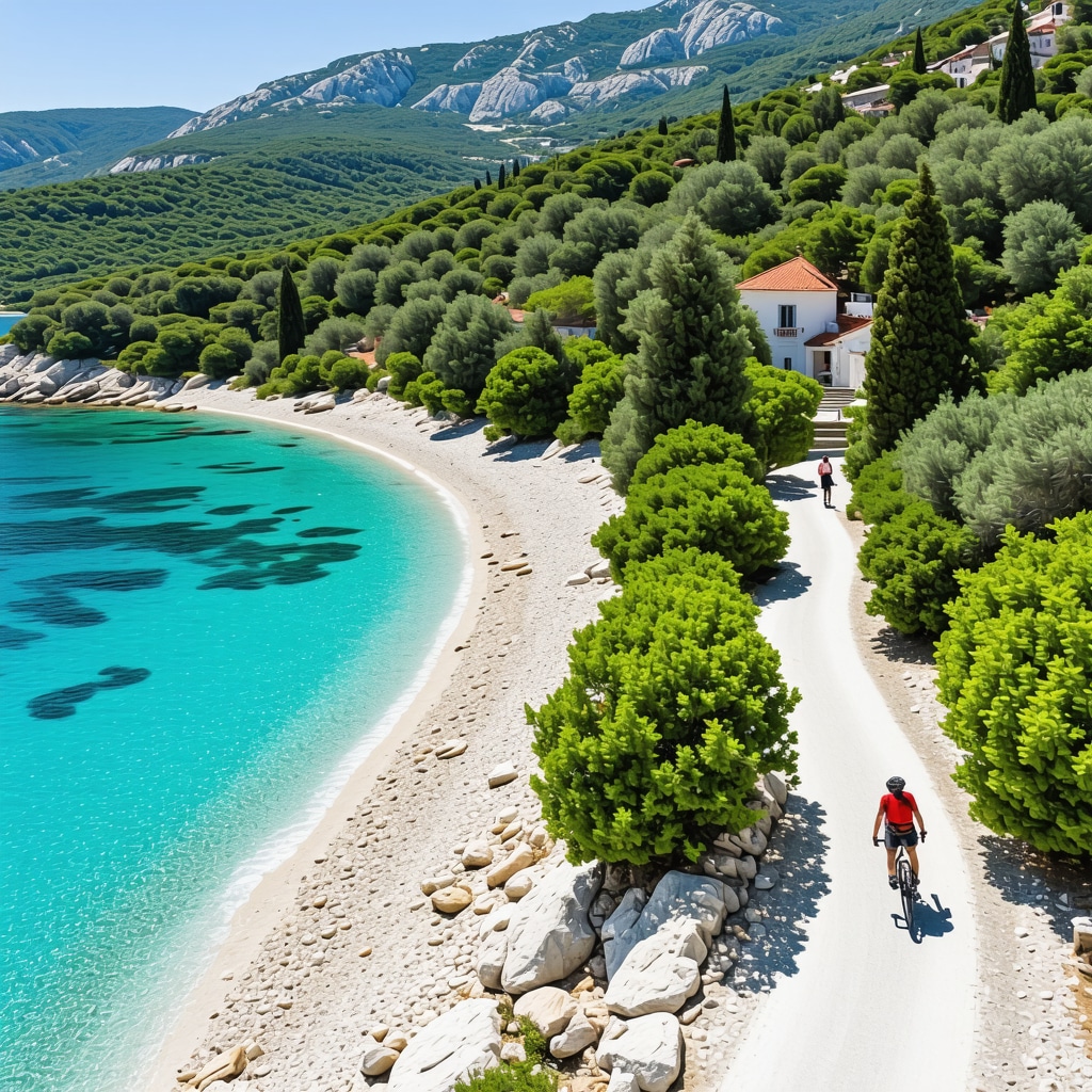 Aerial view of Brač island with beaches, eco-friendly cycling paths, and mountains under clear sky