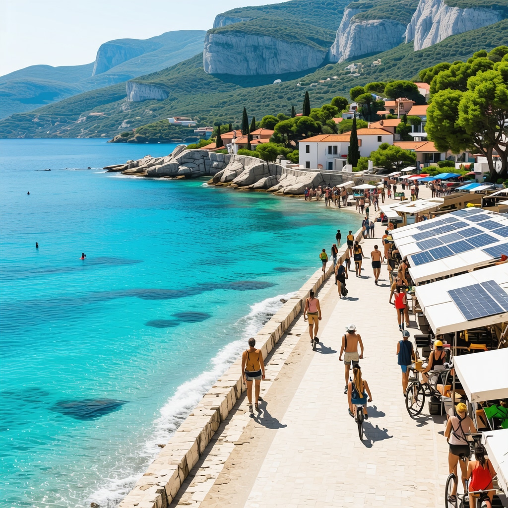 Panoramic view of Makarska coastline with solar-powered hotels, hikers, cyclists, and local market showcasing sustainable tourism
