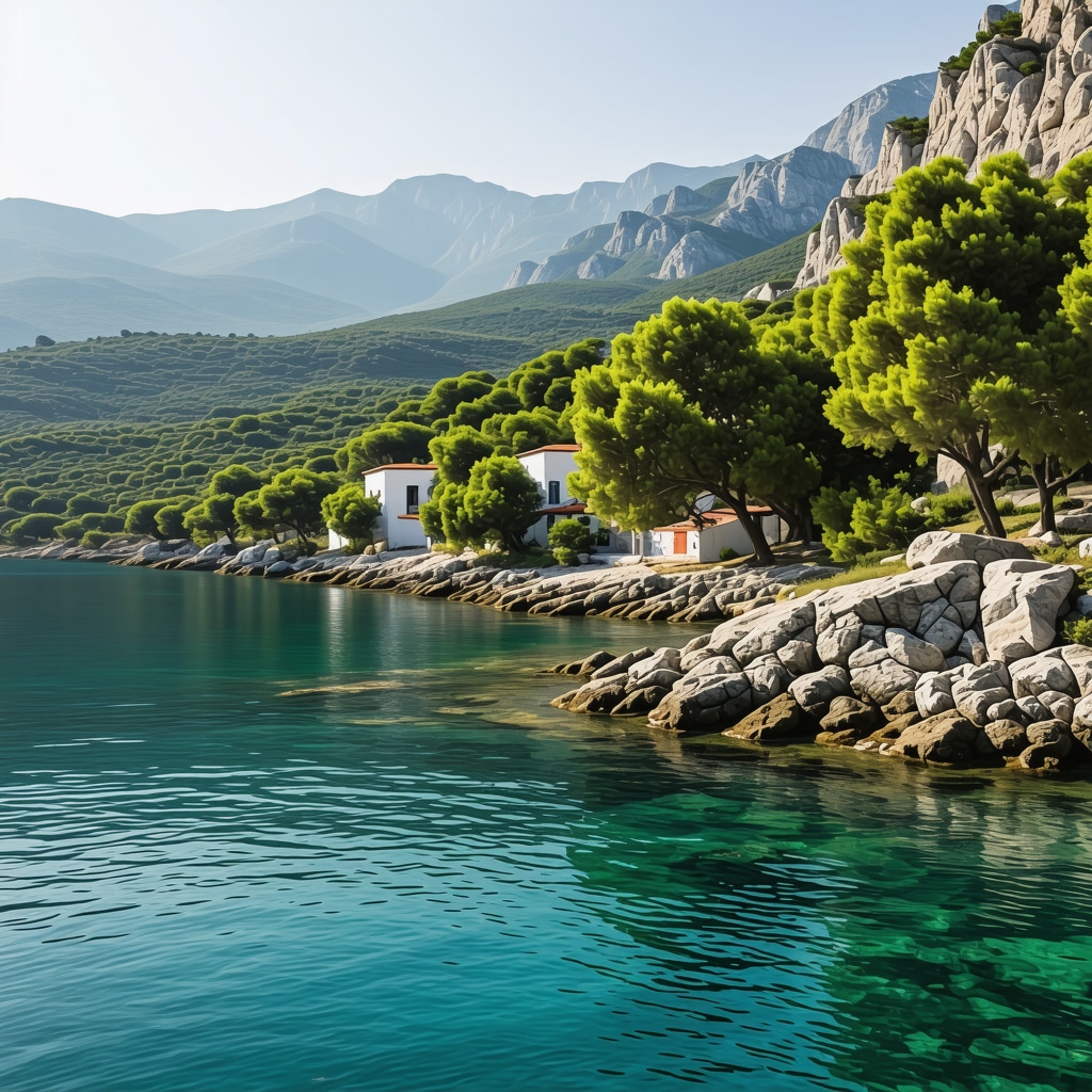 Coastal view of Himarë showing traditional houses blended with green landscapes and clear sea, symbolizing sustainable tourism