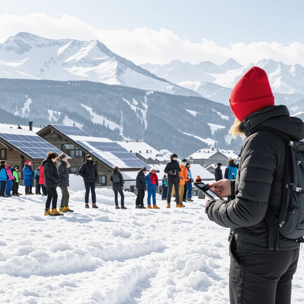 Panoramic view of Bansko mountains with solar panels and tourists using mobile apps on hiking trails