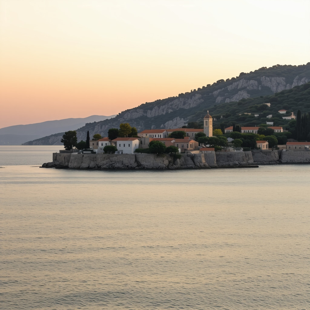 Panoramic sunset view of Sveti Stefan island with historic buildings and Adriatic Sea