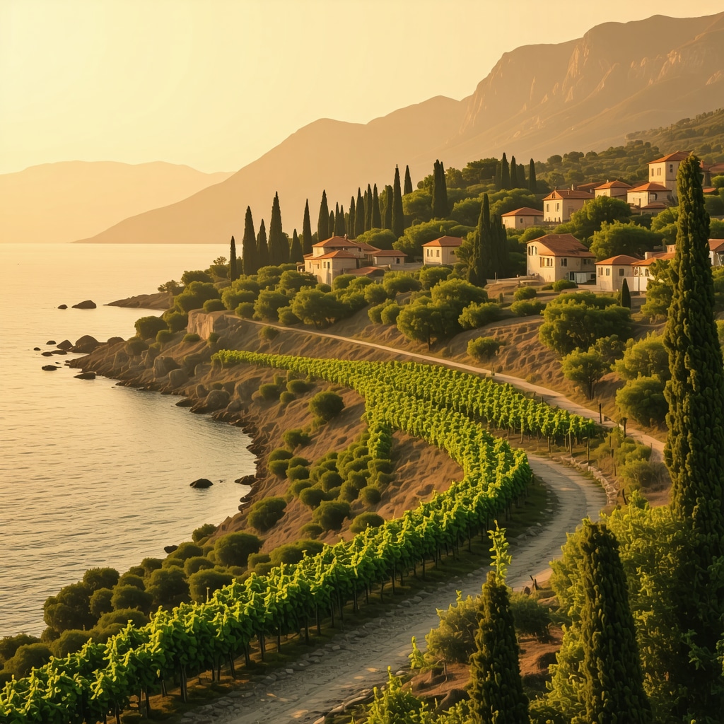 Panoramic sunset view over Tekirdağ's vineyards, Ottoman buildings, and the sea