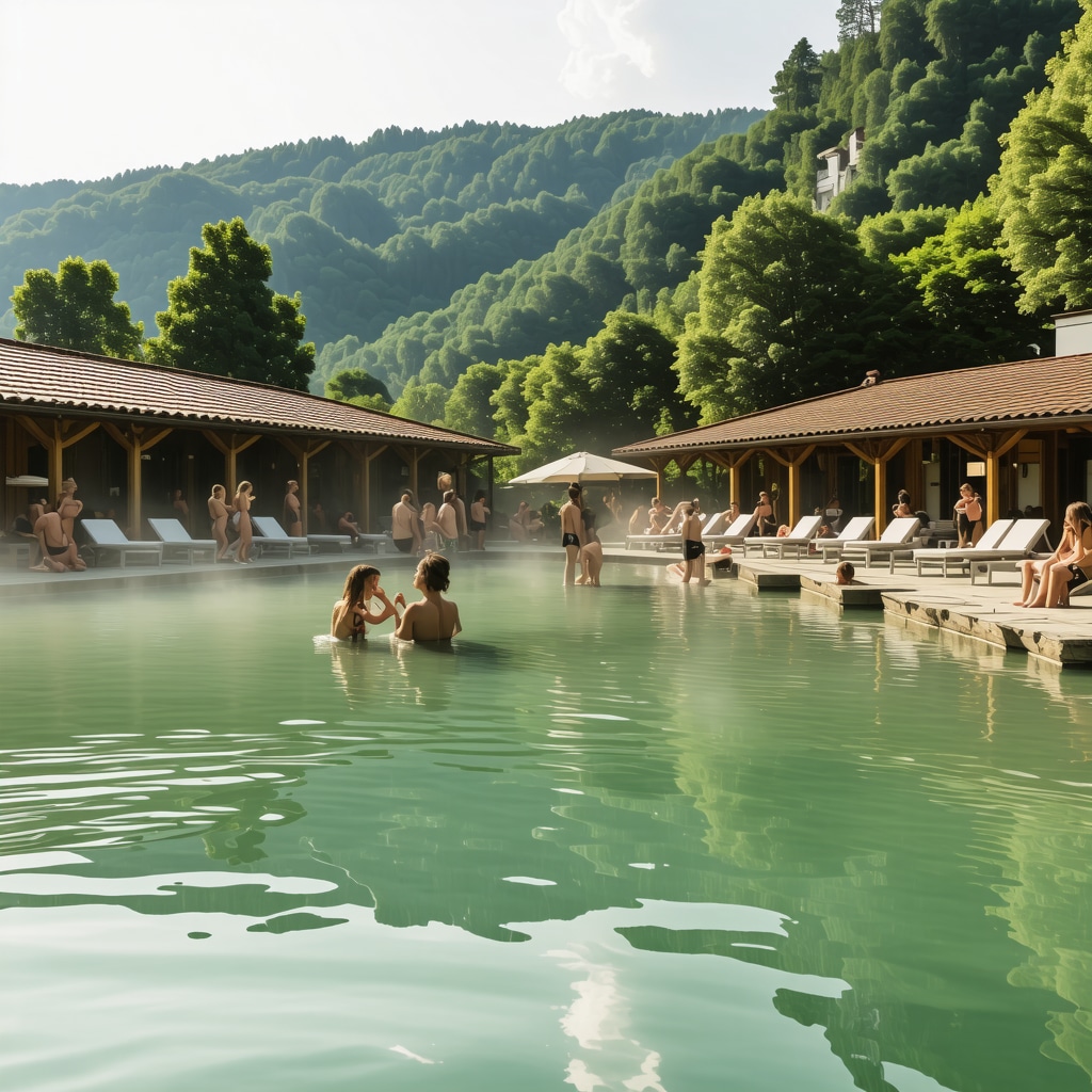 Visitors enjoying thermal spa and nature in Vrnjačka Banja surrounded by green mountains